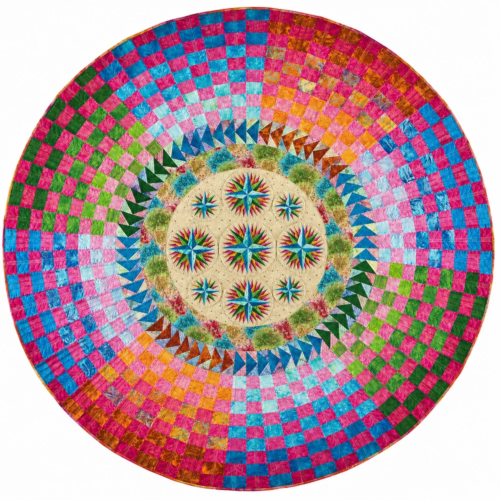 A colourful circular medallion quilt with concentric pieced rings and a star-compass centre